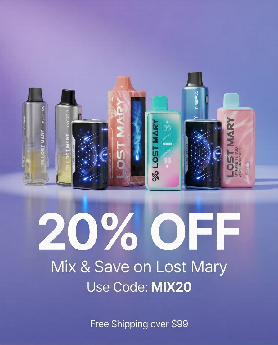 Lost Mary vapes Mix & Save 20% off promotion banner with multiple Lost Mary devices and free shipping over $99